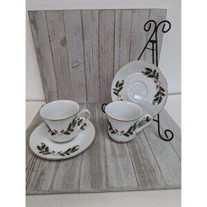 Mervyn’s set of 2 Cups Saucers Christmas Holly Fine Porcelain Japan Teacups